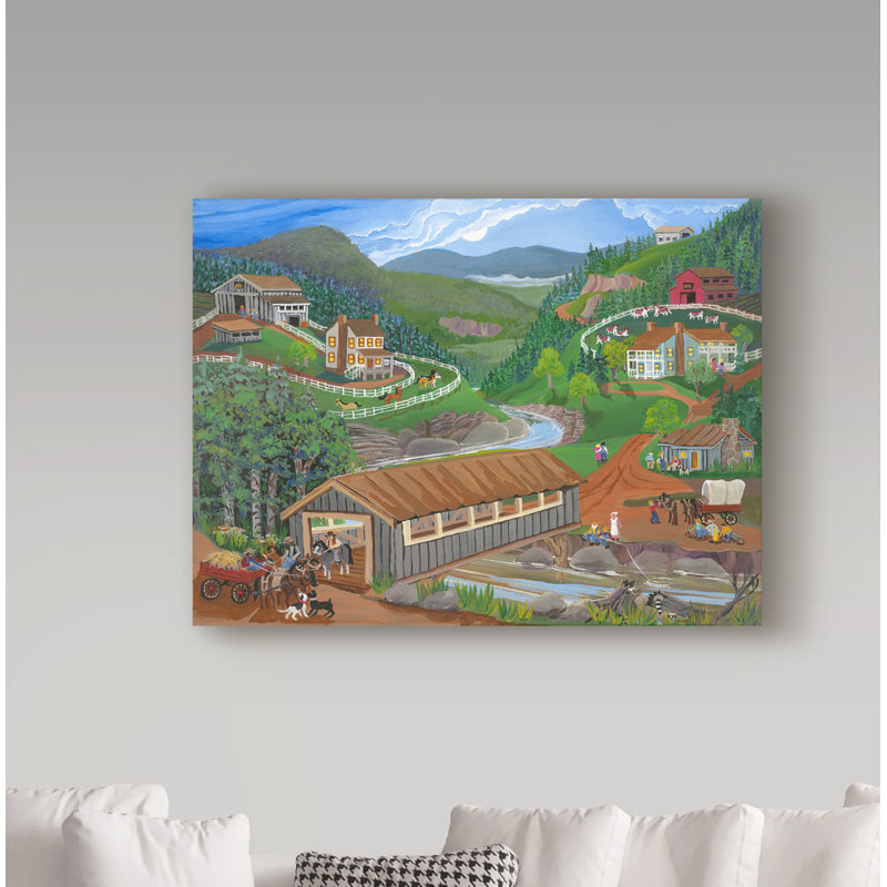 Winston Porter Covered Bridge Over River Acrylic Painting Print