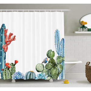 Saratoga Cactus Spikes Flowers With Birds Cartoon Vintage Like Colored Artwork Shower Curtain