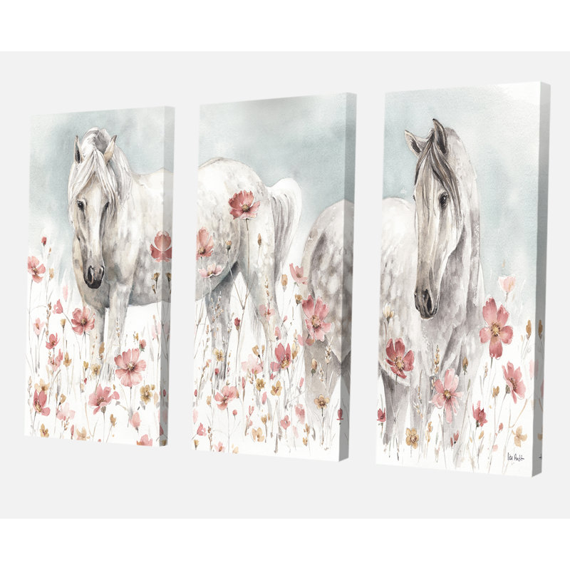 East Urban Home Farmhouse Premium Watercolors Pink Wild Horses