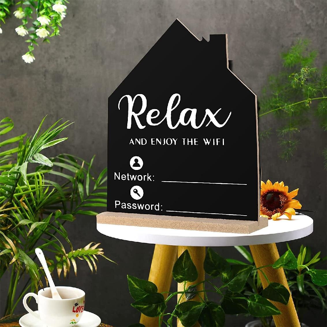 WiFi Password Sign Wooden Table WiFi Sign Wooden Freestanding Sign with Board Erasable Pen Chalkboard Style Freestanding Sign for Home Business Table Centerpieces Decoration Black 