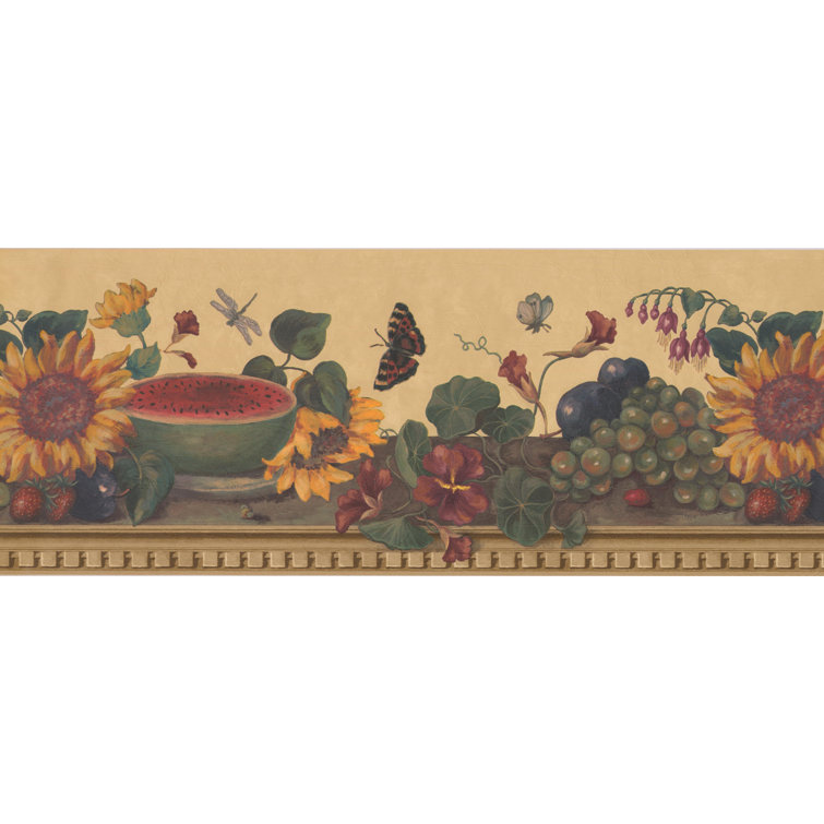 15' L x 9.1'' W Sunflower Butterfly Watermelon Grapes on Table Retro Design  Wallpaper Border
