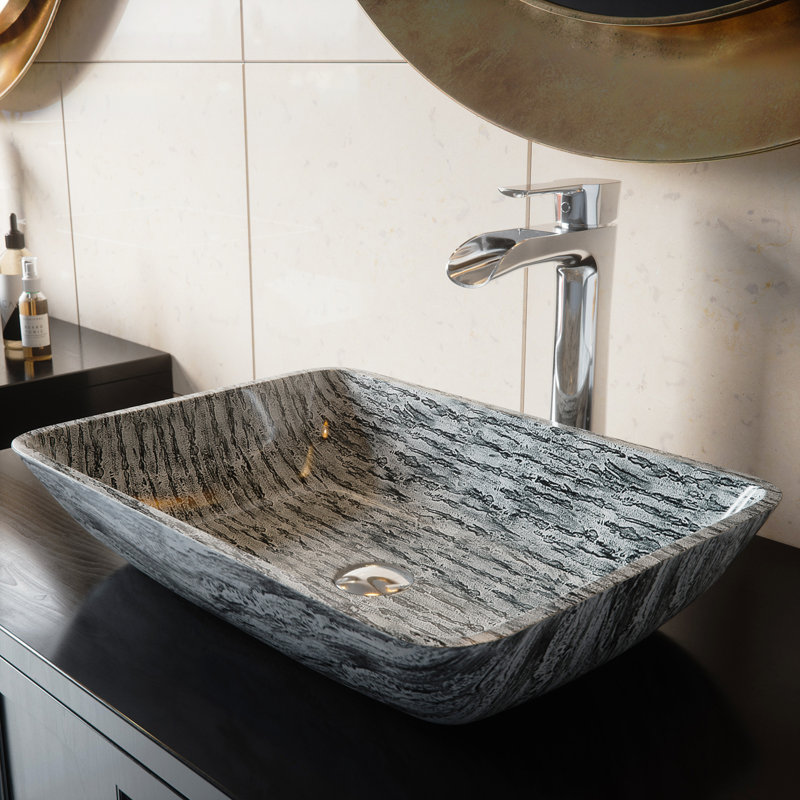 Vigo Titanium Glass Rectangular Vessel Bathroom Sink With Faucet