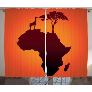 Bindy African Safari Map with Continent Giraffe and Tree Silhouette Savannah Wild Design Graphic Print & Text Semi-Sheer Rod Pocket Curtain Panels (Set of 2)