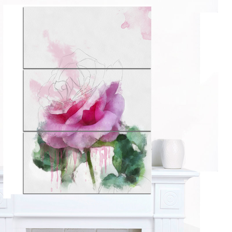 Designart Pink Rose Stem With Paint Splashes 3 Piece Wall Art On