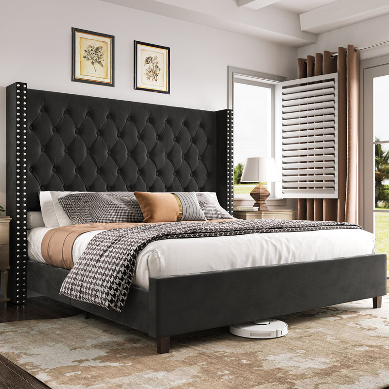 Duluth Tufted Upholstered Low Profile Platform Bed Color: Black, Size: King