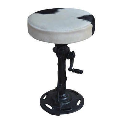 RAM Metal Crank Bar Stool With Black & White Cowhide Seat