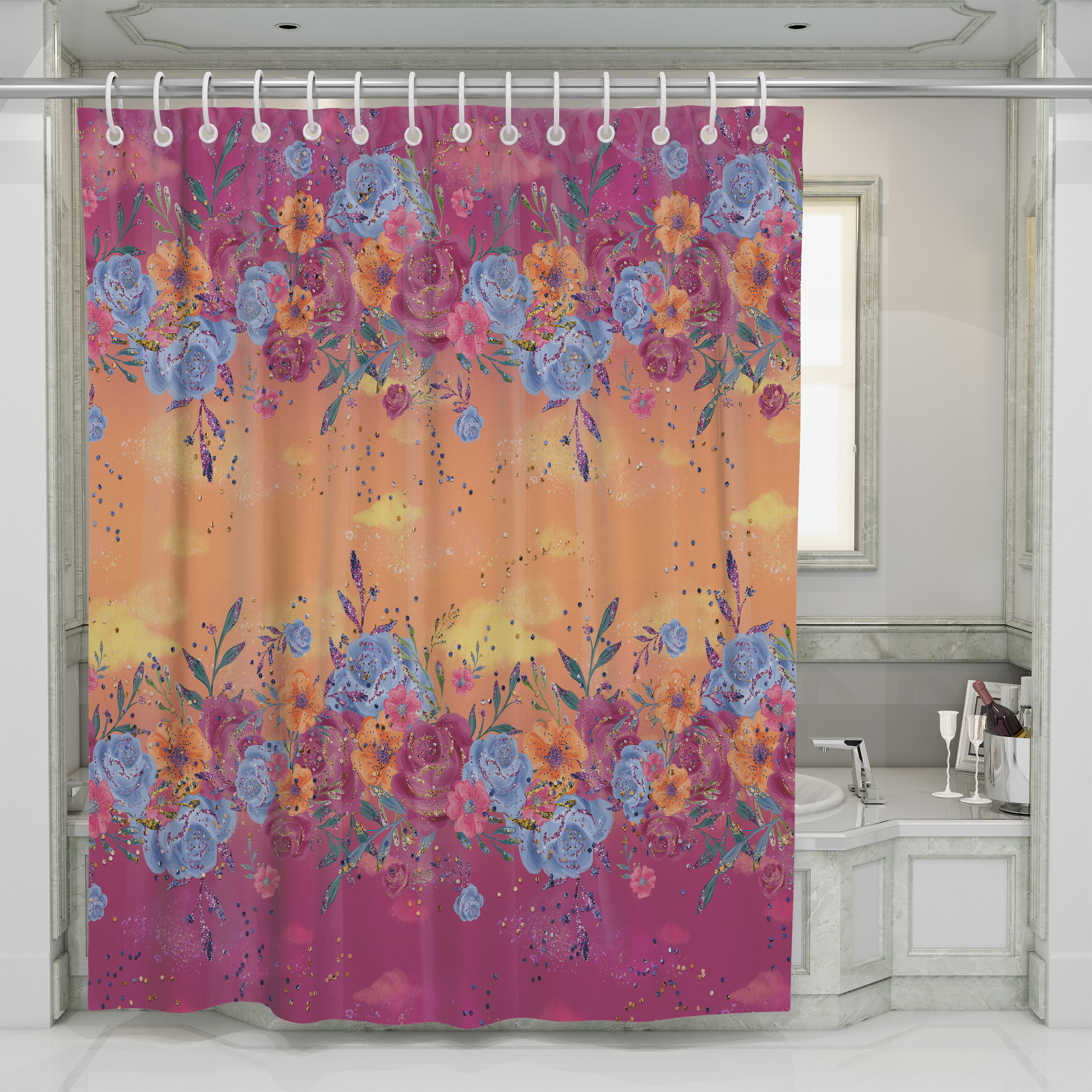 Red/Pink Floral Odorless Shower Curtain with Reinforced Stitches 