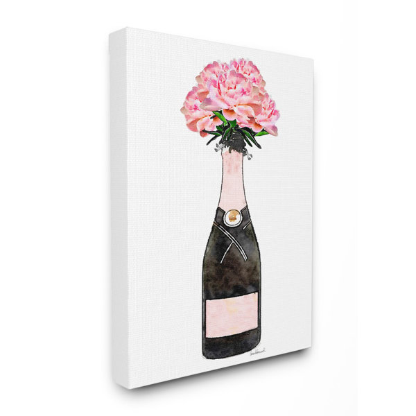 House Of Hampton Champagne Bottle Pink Flowers Watercolor