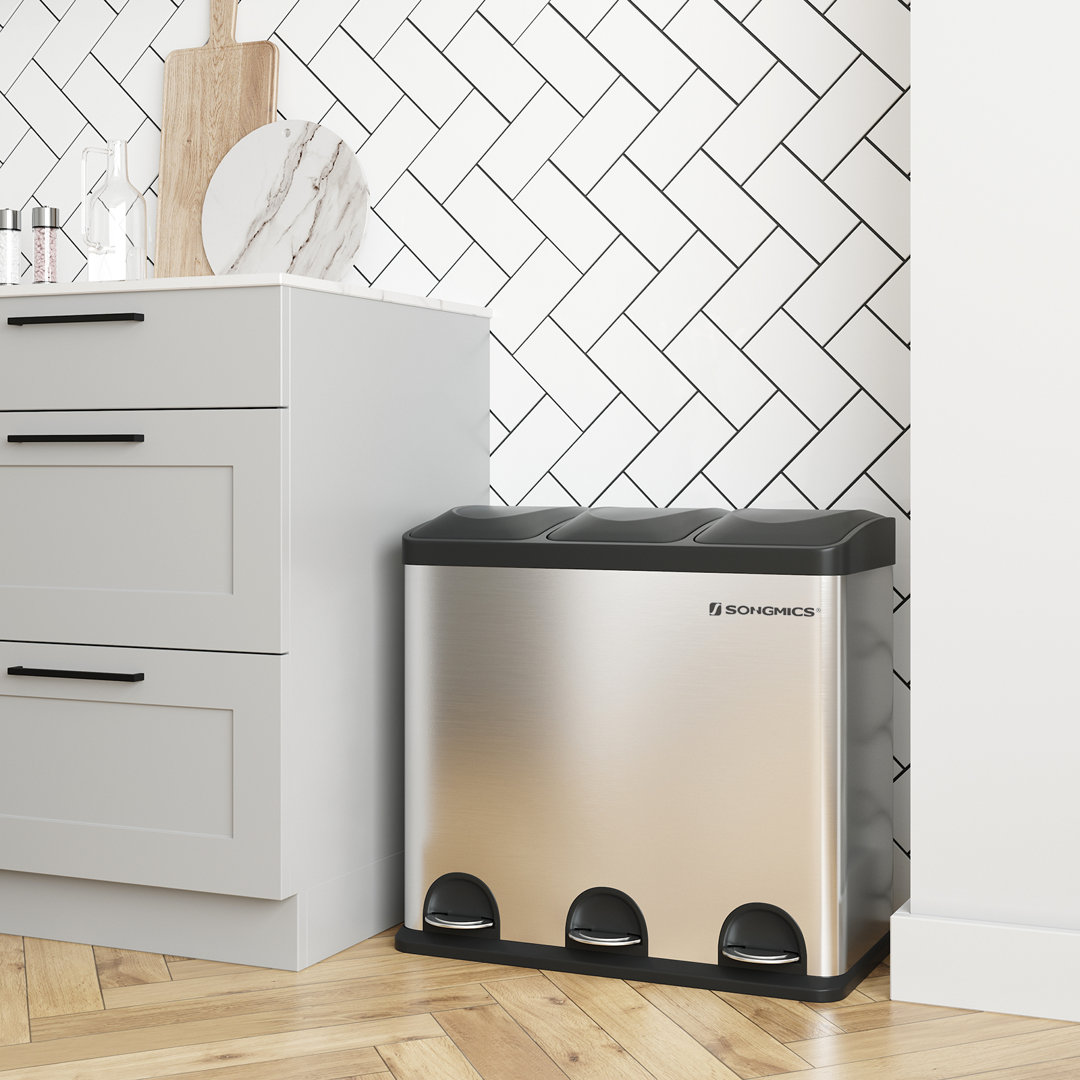 Kitchen Stainless Steel 54 Litre Step On Multi-Compartments Rubbish and Recycle Bin