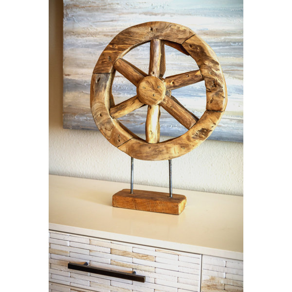 Nyla Natural Teak Wood Wheel Sculpture On Reclaimed Wood Stand Sculpture Joss Main