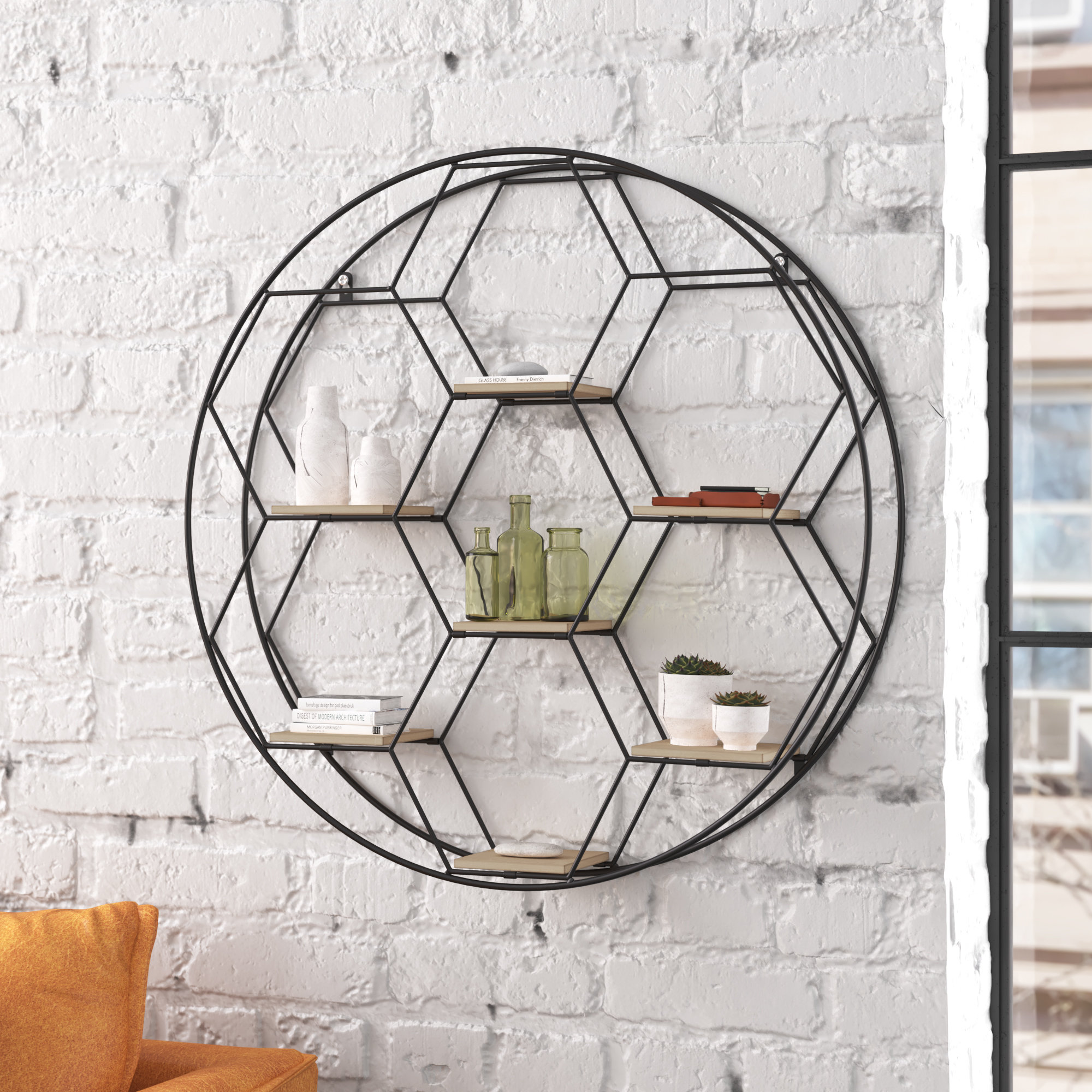 Steelside™ Lea 7 Piece Hexagon Metal Accent Shelf with Hooks | Wayfair