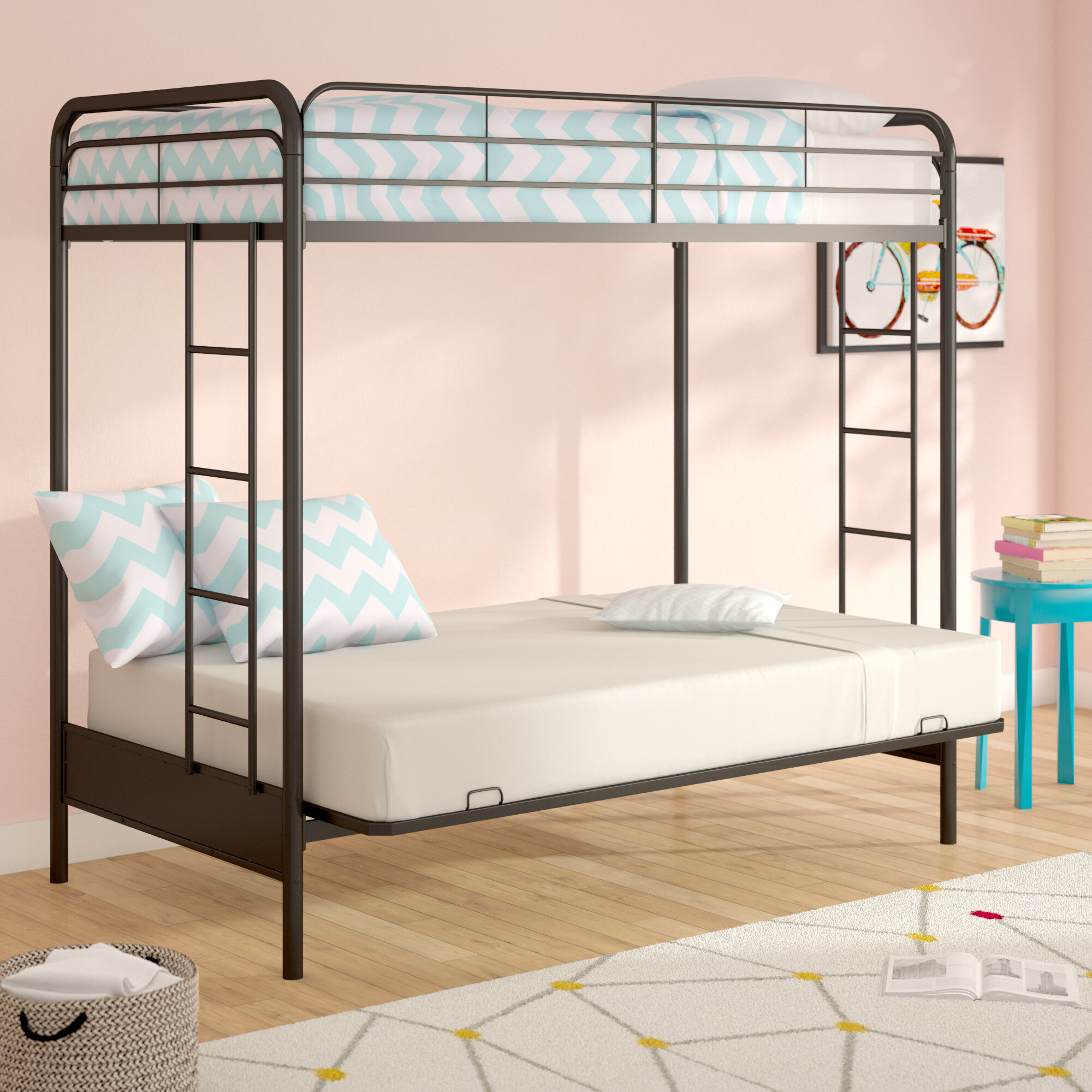 Metal Bunk Bed Twin Over Futon Ladder Guard Rails Loft Contemporary Space Saver 