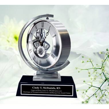 Etched Black Colorfill Engraving Personalization Tower Da Vinci Crystal Clock Silver Dial Desk Shelf Clock Wedding Gift Retirement Award