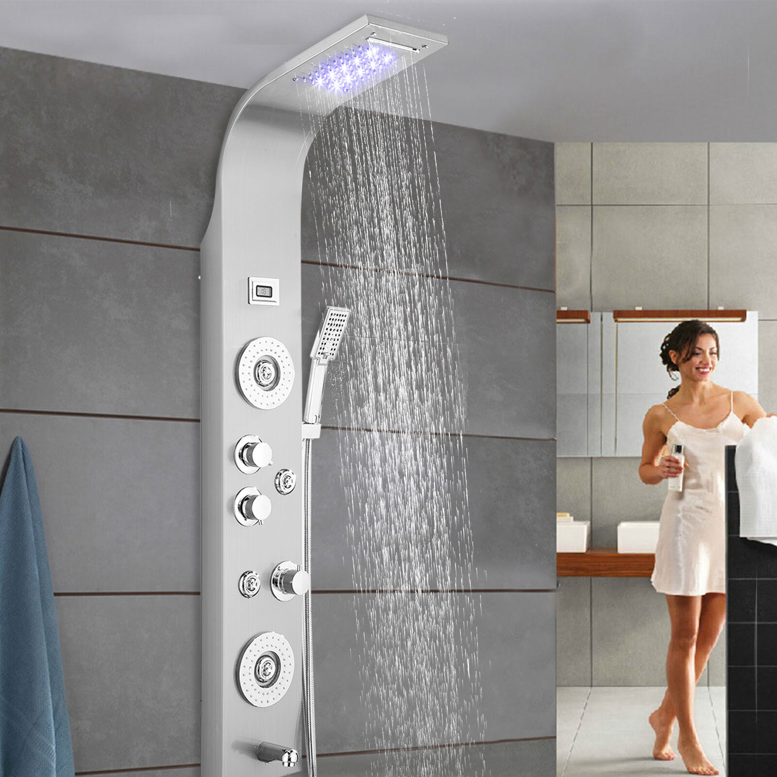 Shower Panel Tower System Brushed Nickel LED Rainfall Massage Jets Bodys Tap