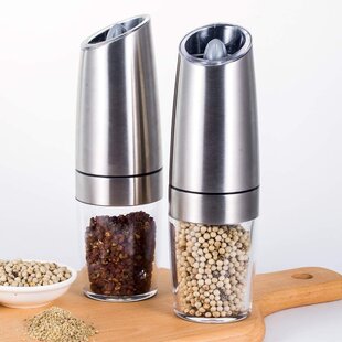 Automatic Pepper Mill and Salt Mill with Free Cleaning Brush Adjustable Grind Coarseness with Blue LED Light Meelio Gravity Electric Salt and Pepper Grinder Set