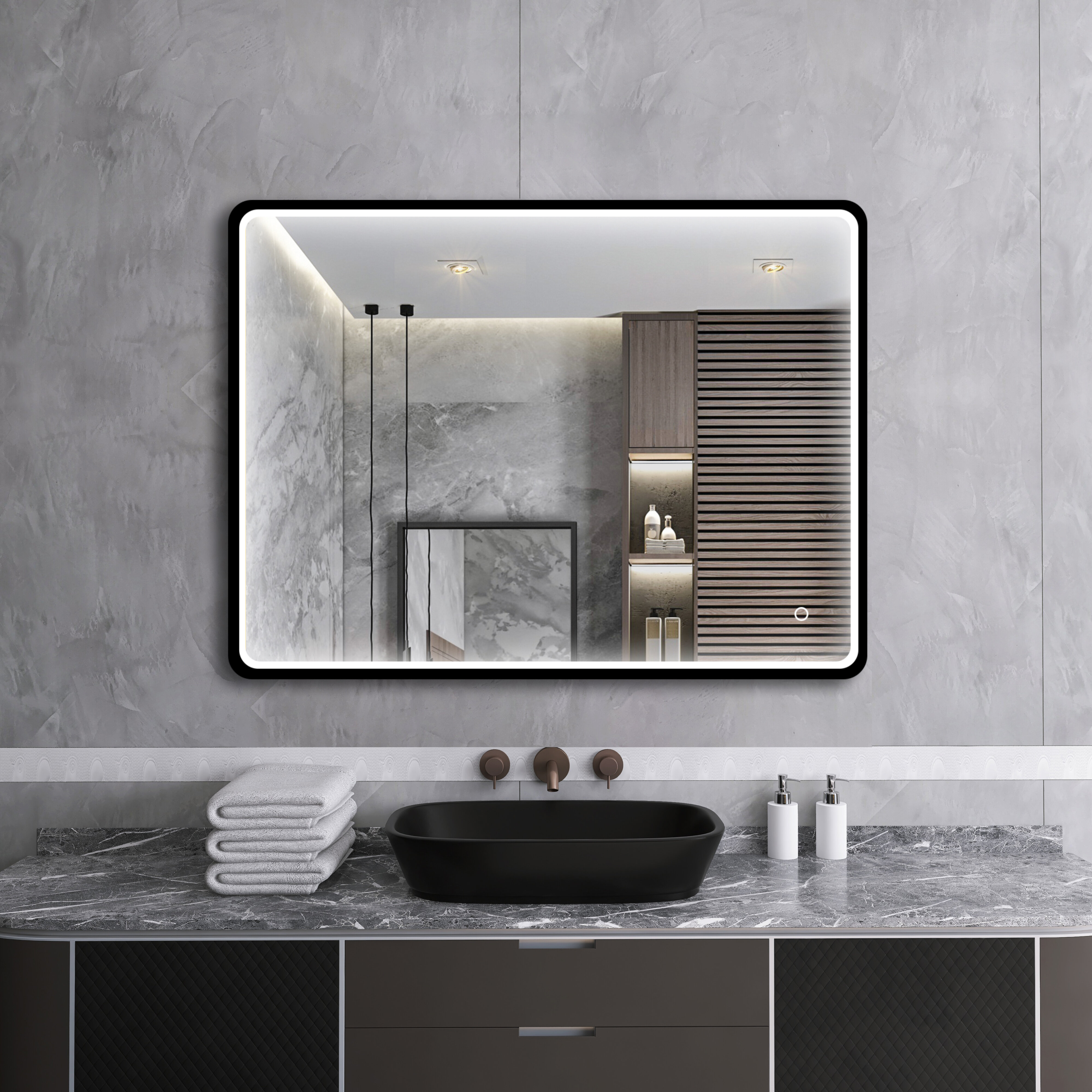 black illuminated bathroom mirror