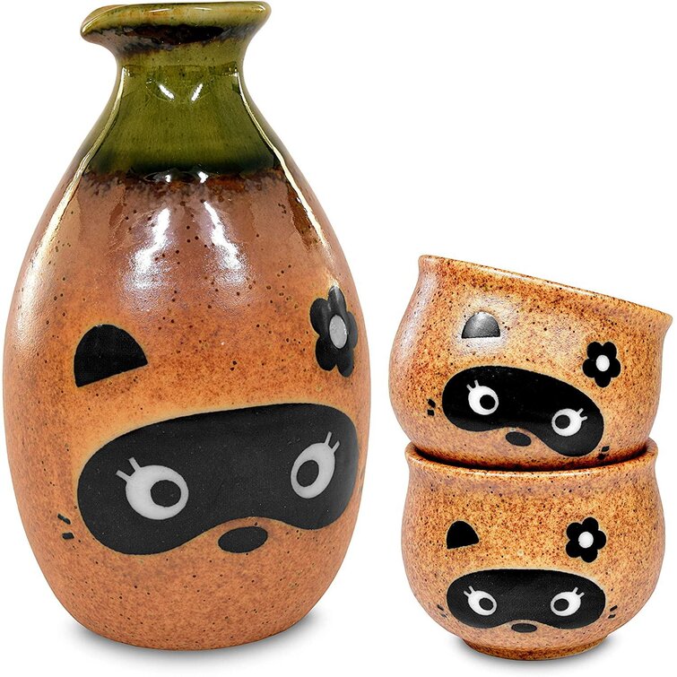Mino Ware Traditional Japanese Sake Set Bottle and 2 Cups Japanese Racoon Dog