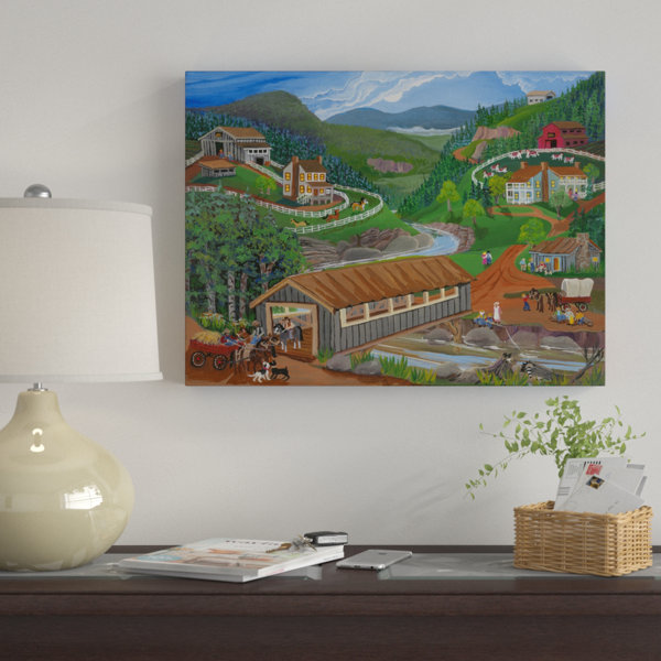 Winston Porter Covered Bridge Over River Acrylic Painting Print