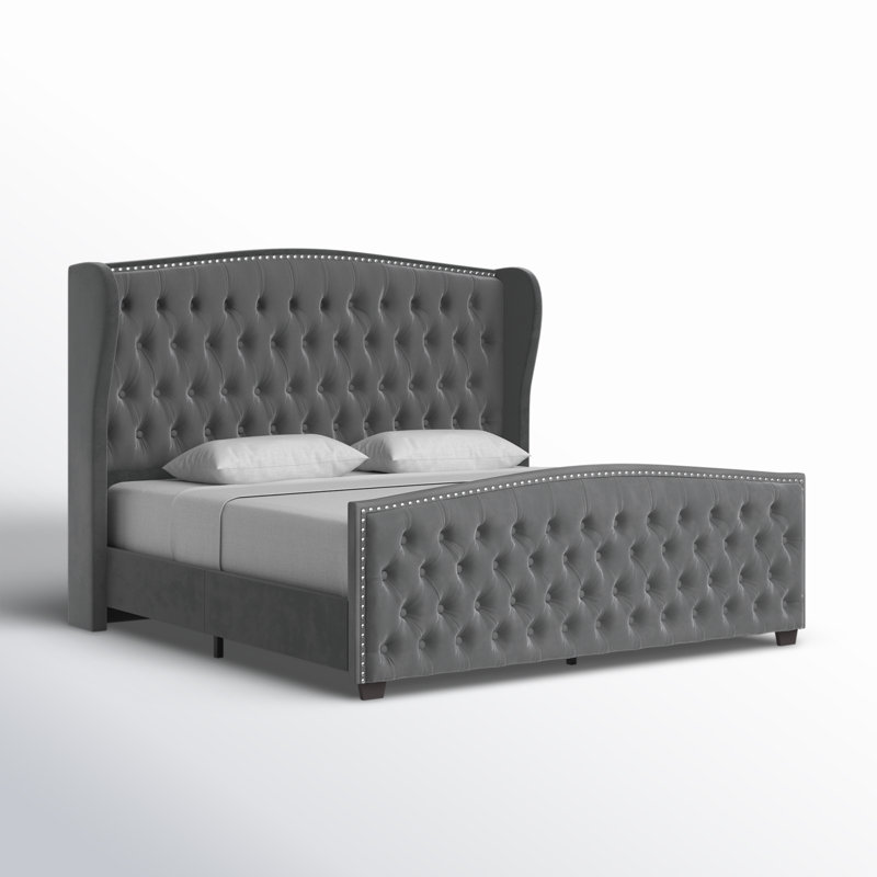 incomplete DuJuan Deep Button Tufted Upholstered Bed with Nailhead Trim Wingback Headboard Size: King, Color: Cream
