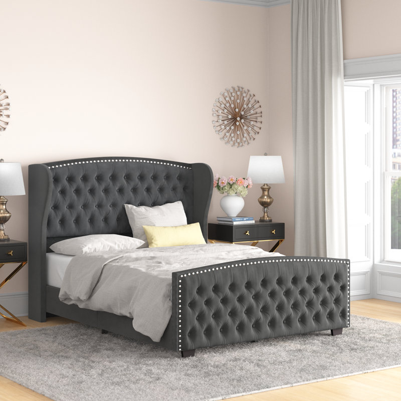 DuJuan Deep Button Tufted Upholstered Bed with Nailhead Trim Wingback Headboard Size: Queen, Color: Black
