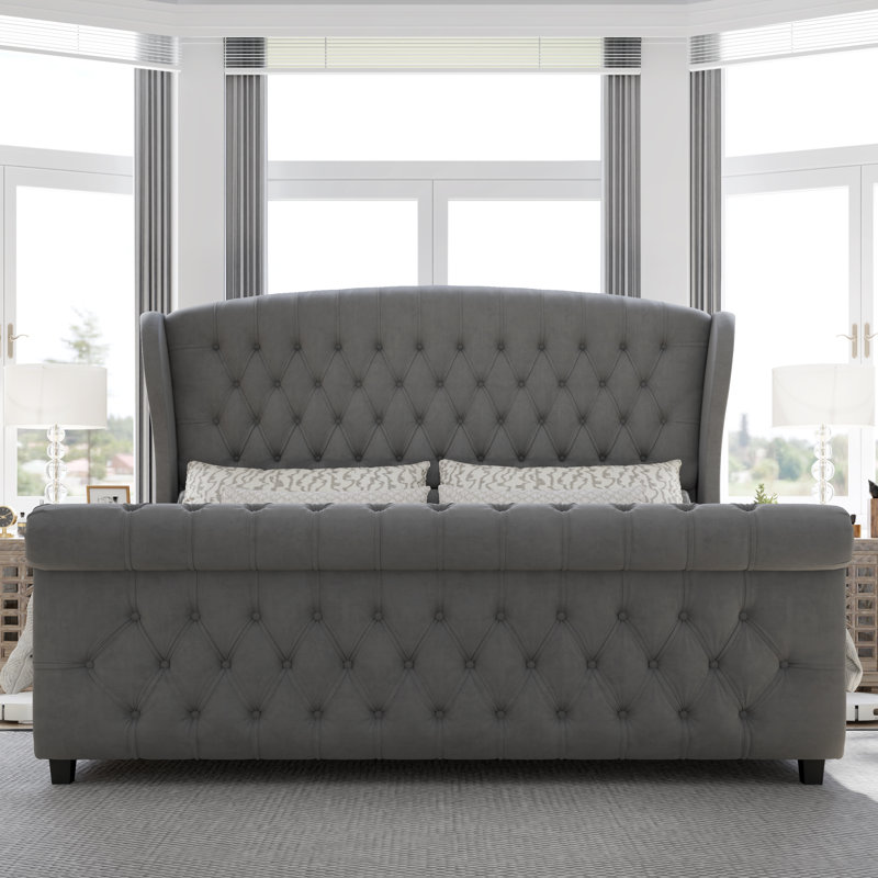 Dulane Velvet Upholstered Sleigh Bed with Scroll Wingback Headboard Size: Queen, Color: Gray