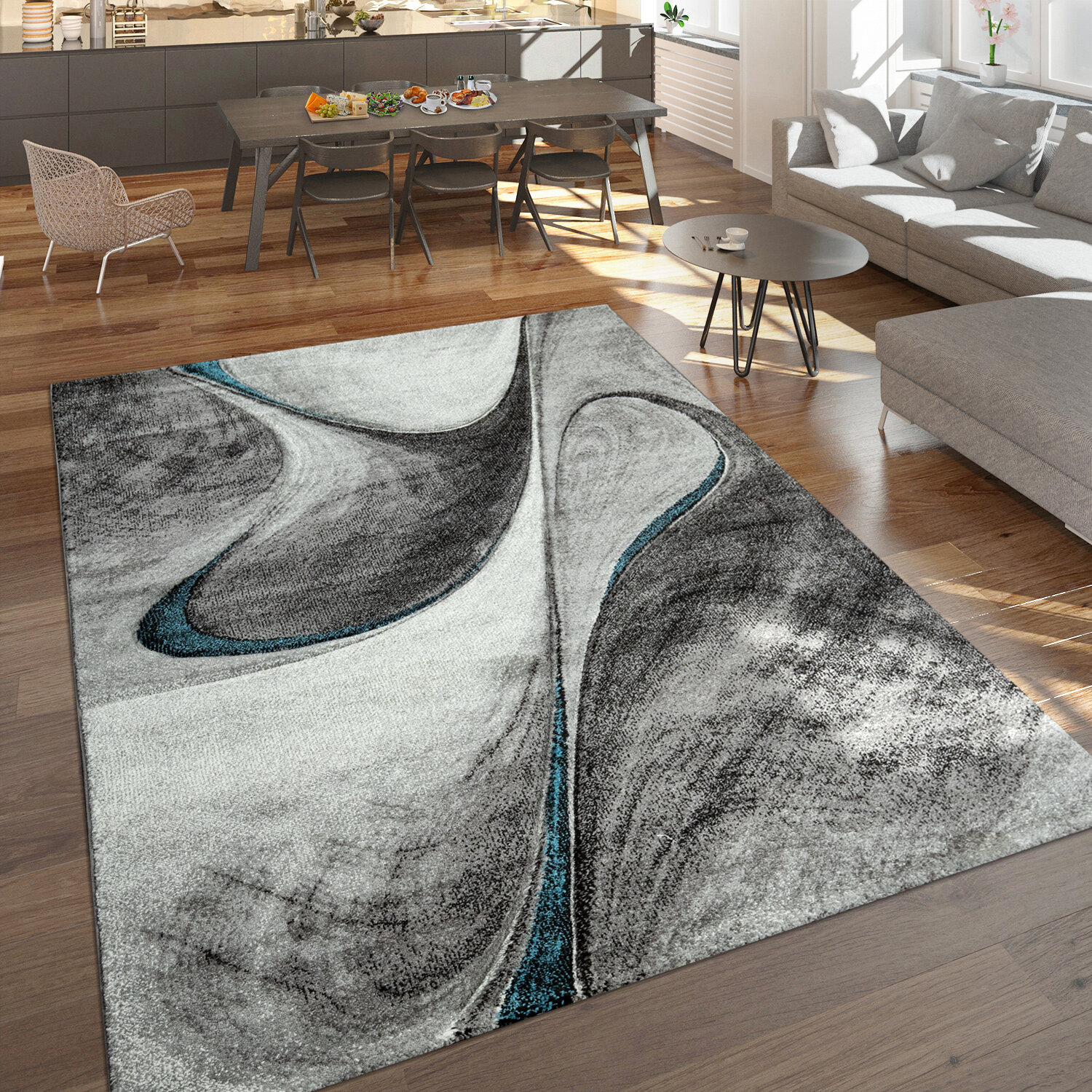 Designer Teppich Wohnzimmer mit Moderne Ornamente Muster Meliert Grau Beige 