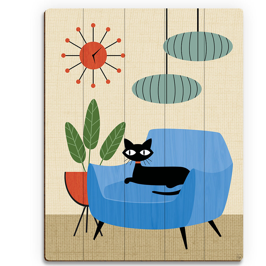 Click Wall Art Retro Cat In Chair And Clock - Graphic Art on Wood | Wayfair
