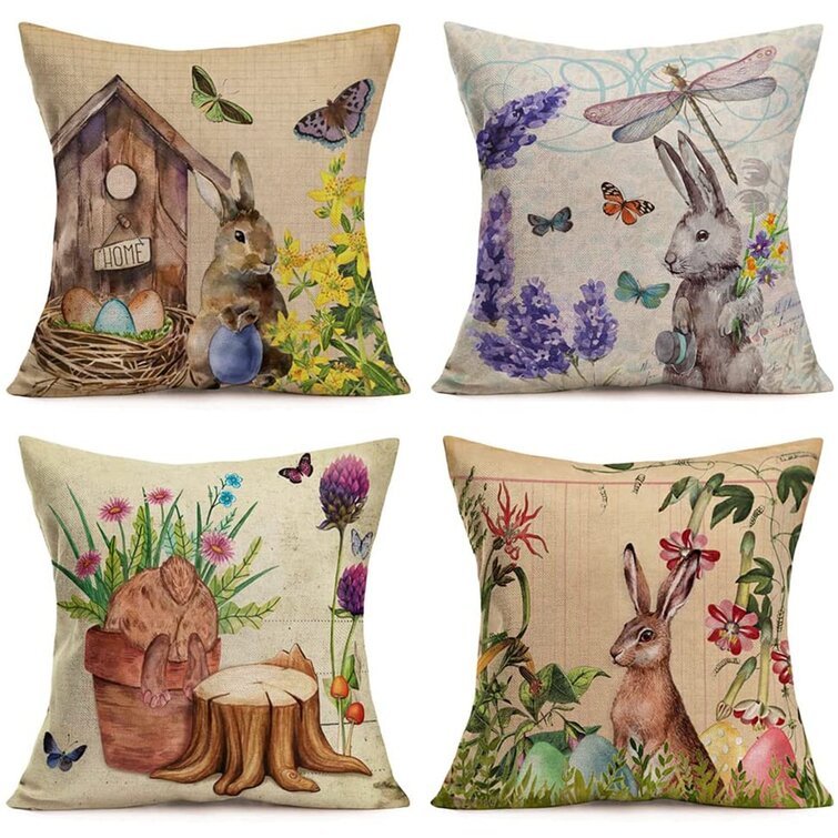 Easter Rabbit & Eggs Pillow Covers Home Decor Size 18 X 18 Set of 4 Cotton Linen 