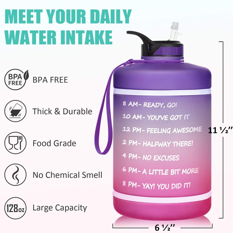NeBaee Motivational 1 Gallon/128oz Water Bottle with Time Marker&Straw,Wide Mouth,Leak Proof,BPA-Free for Fitness Gym and Outdoor Activities