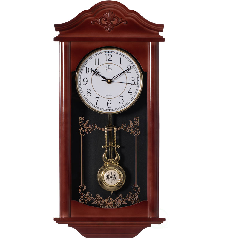 Vintage Grandfather Wood - Looking Plastic Antique Pendulum Wall Clock For Living Room Decor, Kitchen, Office, Or Dining Room, Silent Wall Mount Battery-Operated, Large Brown Color: Brown