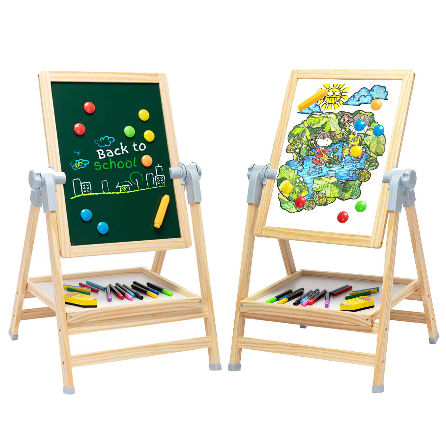 from US, Blue Kids Magnetic Easel 4 in 1 Standing Toddler Art Easels Deluxe Whiteboard & Chalkboard with Accessories for Kids Painting Drawing 