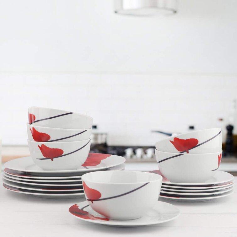 18-Piece Dinner Set Crockery Tableware Poppy Red Plate Bowl Dining Service for 6