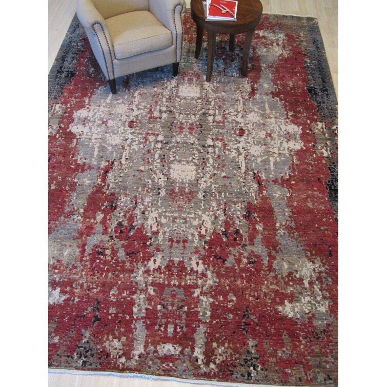 EORC Abstract Hand-Knotted Wool Charcoal/Beige/Red Area Rug | Wayfair