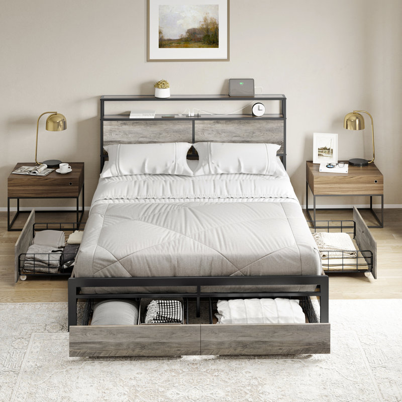 Antioch Bed Frame with 4 Drawers, Modern bed with LED Light and Charging Station, Storage Headboard, No Spring Box Needed Size: Queen, Color: Brown