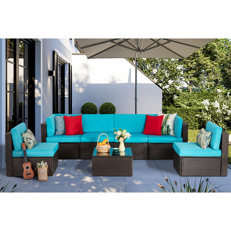 (incomplete )7 Piece Rattan Complete Patio Set with Cushions Cushion Color: Blue