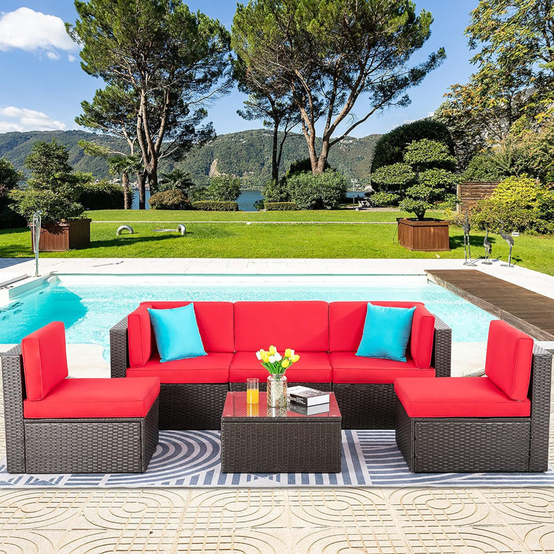 (Incomplete) Arleht 7 Piece Rattan Complete Patio Set with Cushions Cushion Color: Red