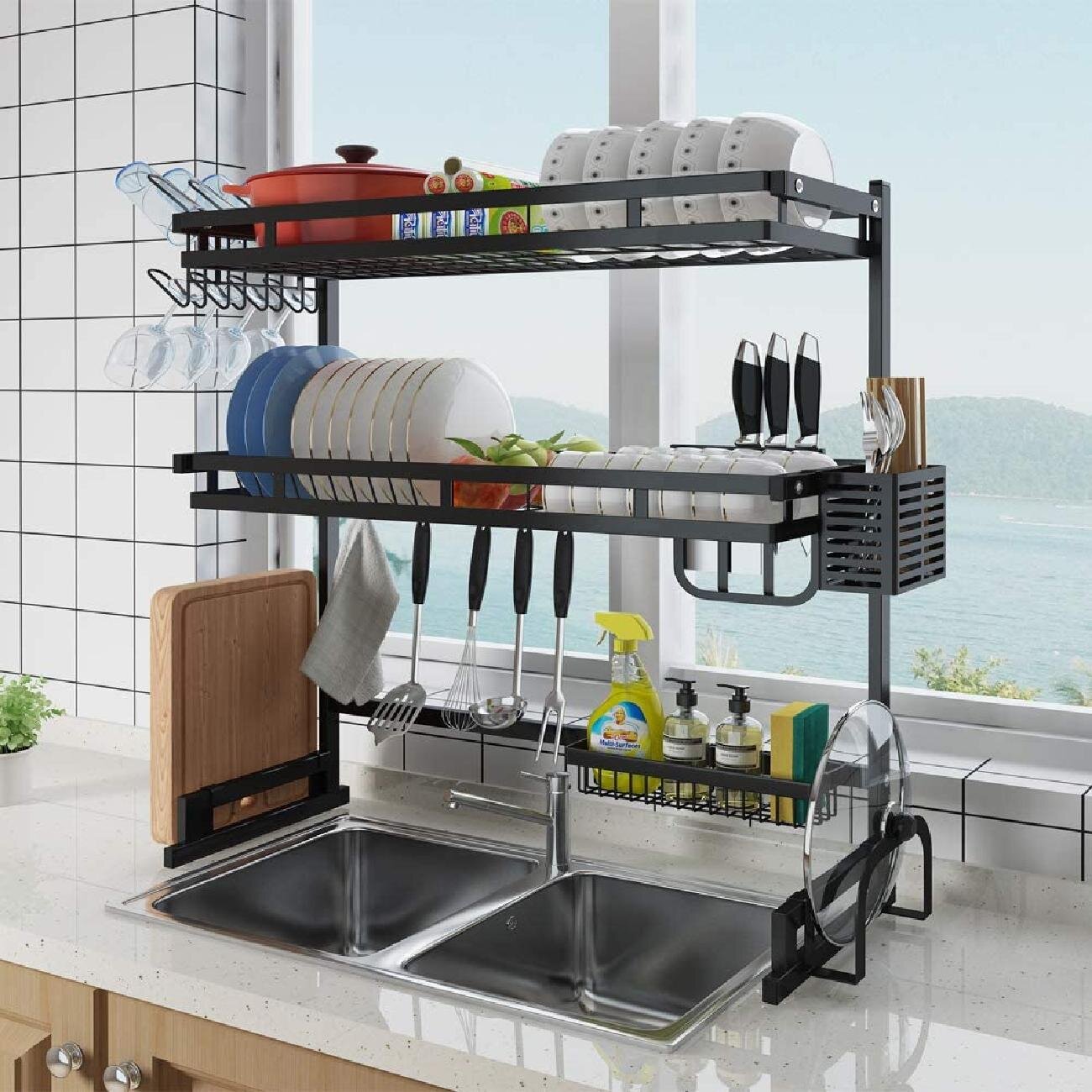 Dish Drying Rack Organizer Kitchen Stainless Steel Cutlery Holder Drainer Shelf 