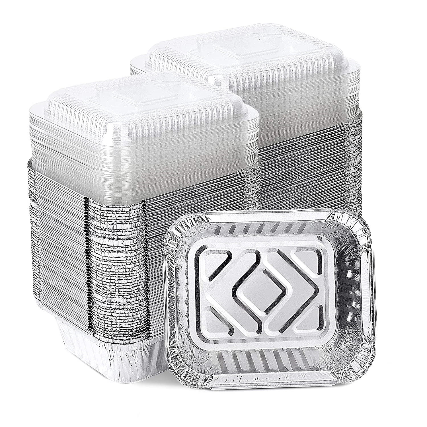 LINYI FLY 1LB Takeout Aluminum Pans With Clear Plastic Lids（100PACK）, Foil Pans To Go Food