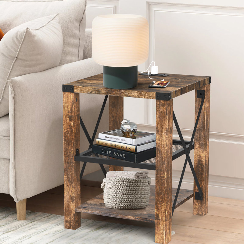 Eidelweiss Tall End Table Nightstand with 2 USB Ports, 2 Power Outlets, and 2 Storage Shelves Color: Rustic Brown