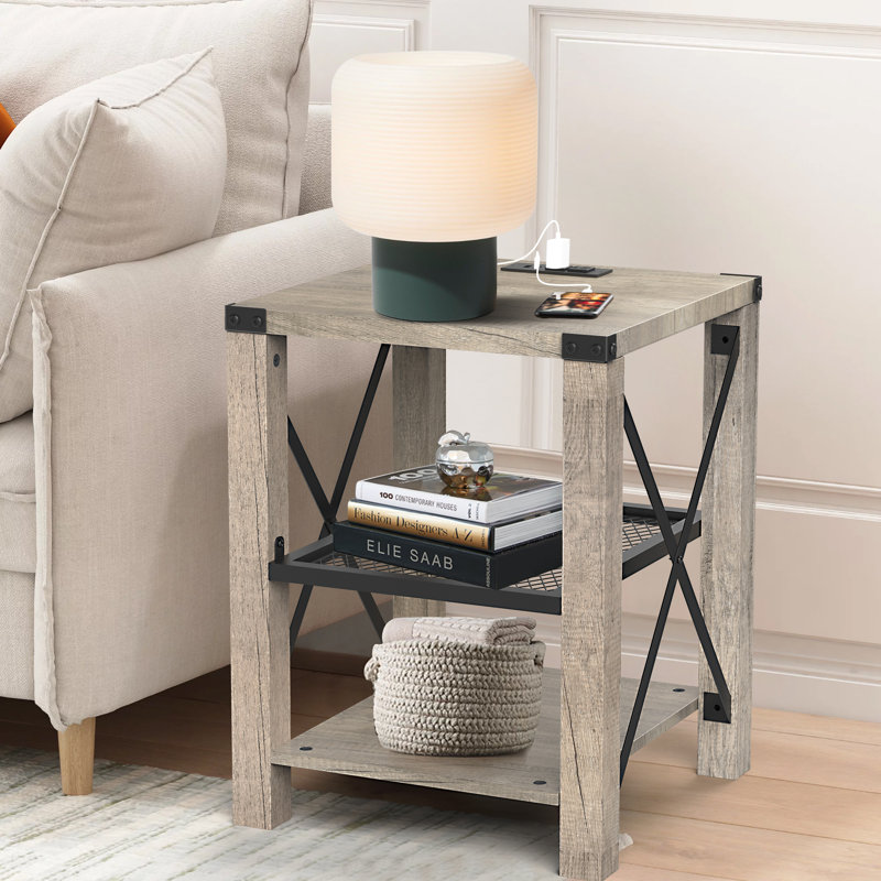 Eidelweiss Tall End Table Nightstand with 2 USB Ports, 2 Power Outlets, and 2 Storage Shelves Color: Wash Gray