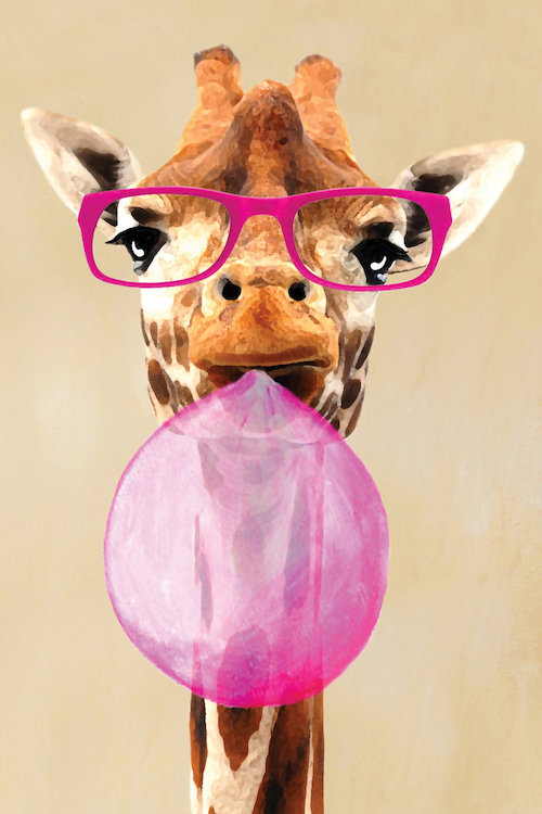 Clever Giraffe With Bubblegum Painting Print On Canvas