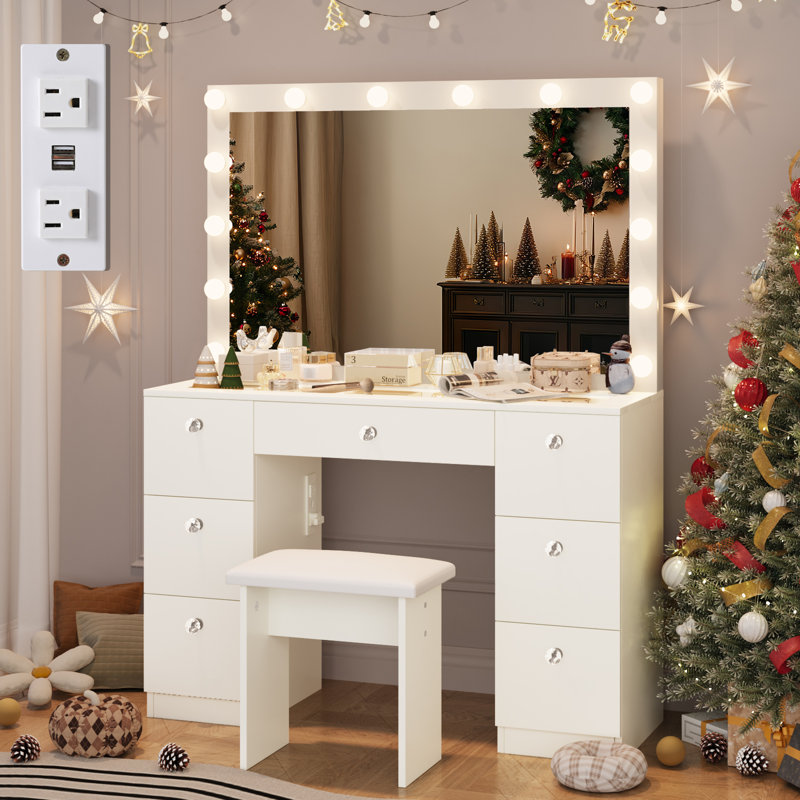 (incomplete box 1 of 2)Makeup Vanity  with Lights, 7 Large Drawers and Outlets Color: White
