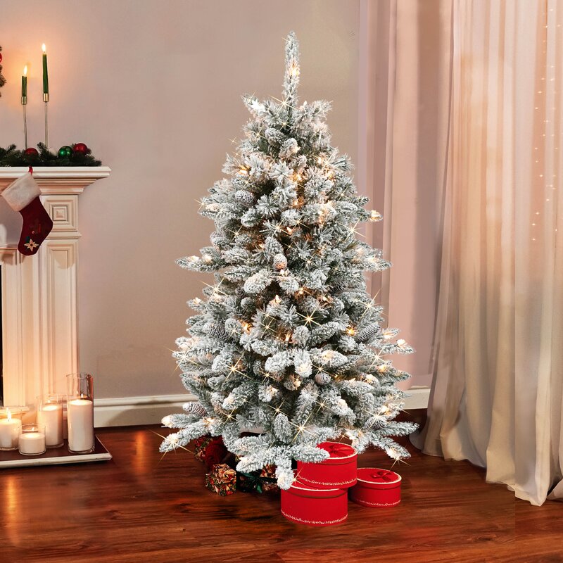 The Holiday Aisle® Pre-Lit Flocked Green Fir Artificial Christmas Tree ...