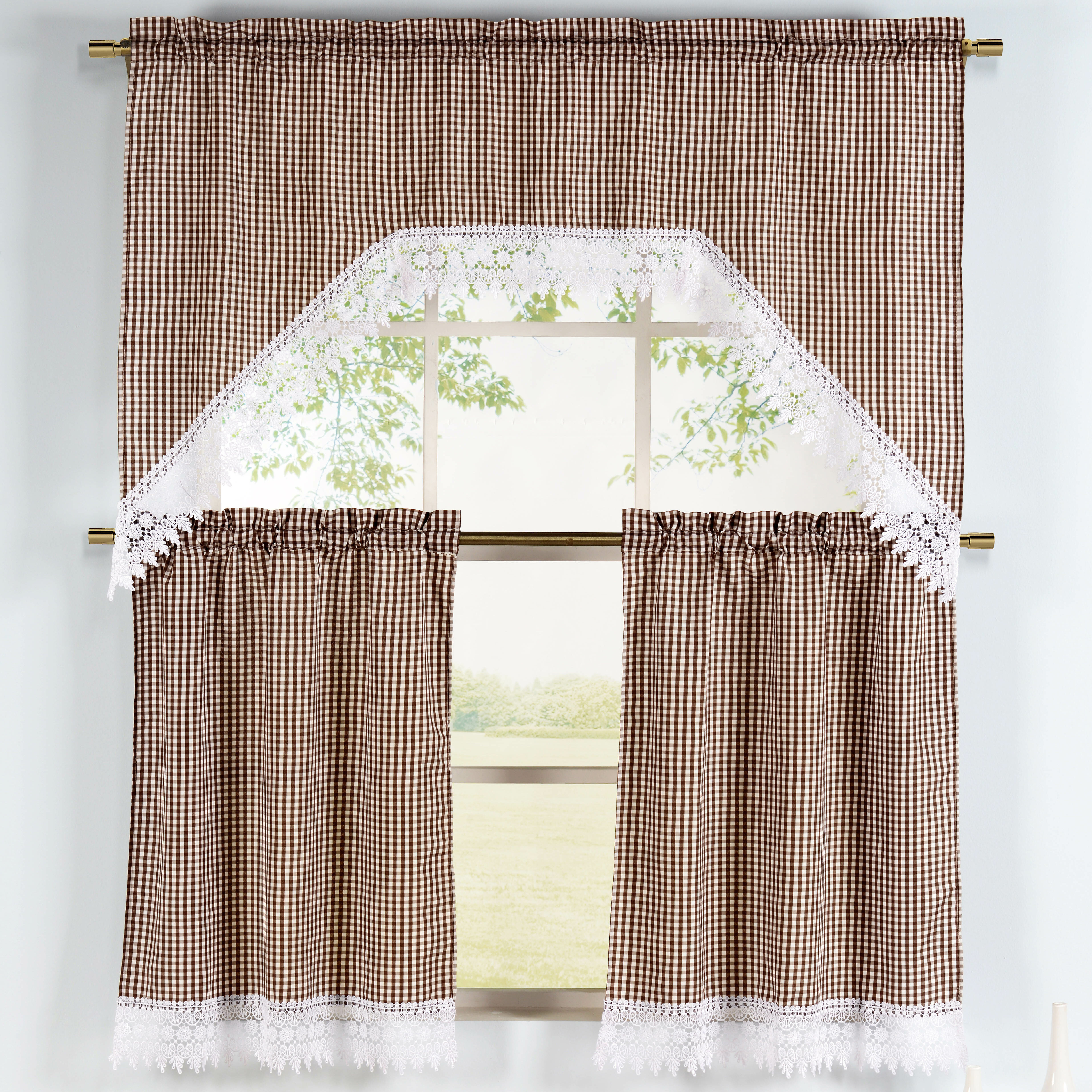 Window Elements Checkered 3 Piece Embroidered Kitchen Valance And