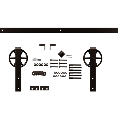 Premium Wagon Wheel Strap Standard Single Barn Door Hardware Kit Goldberg Brothers Inc Finish Bronze Texture Track Length 84 in