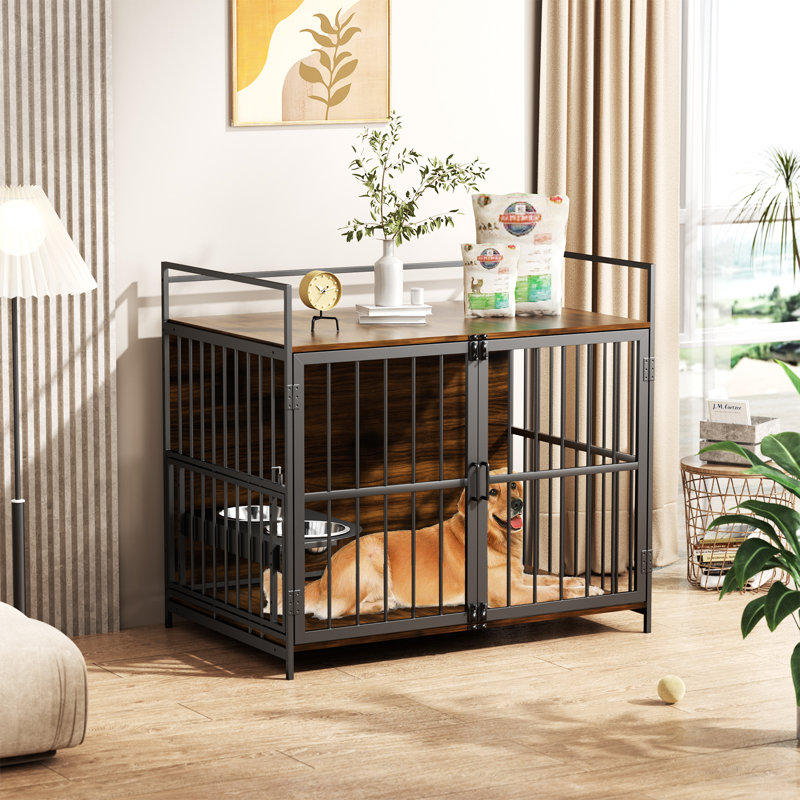 Chuckie Dog Crate Furniture-Style Cages for Dogs Indoor with 2 Stainless Steel Bowls Size: 43" H x 30.3" W x 48" D
