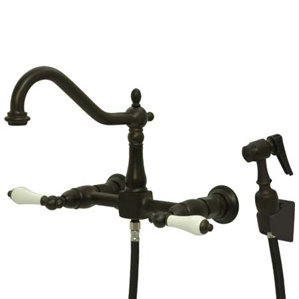 Kingston Brass Heritage Double Handle Widespread Wall Mount Kitchen Faucet with Wall Mounted Side Spray