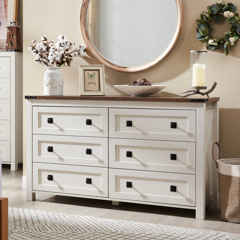 Grantville Farmhouse 6 - Drawers Double Dresser Color: Antique White/Brown Oak
