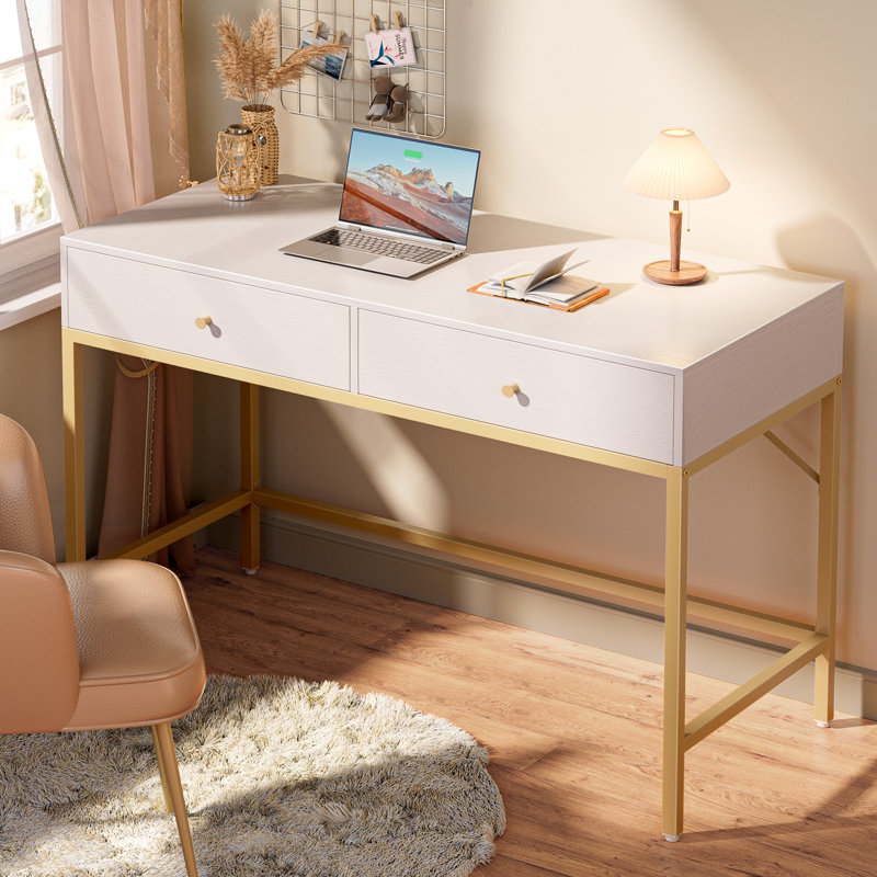 47" Writing Desk with 2 Drawer Storage Color (Frame): Gold