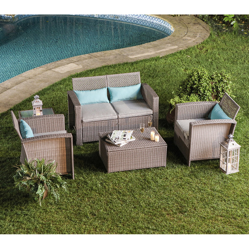 Highland Dunes Gossage 5 Piece Outdoor Furniture Taupe Wicker Conversation Set W Warm Gray Cushions Sofa Coffee Table Storage Chest 4 Turquoise Lumbar Pillows Wayfair Top selected products and reviews. gossage 5 piece outdoor furniture taupe wicker conversation set w warm gray cushions sofa coffee table storage chest 4 turquoise lumbar pillows